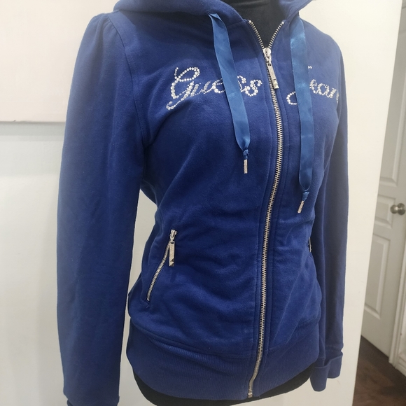 [ Guess Jeans]Royal blue,CUTEST, ZIP UP, HOODED JACKET W/ LACE TIES & RHINESTONE - Picture 7 of 16